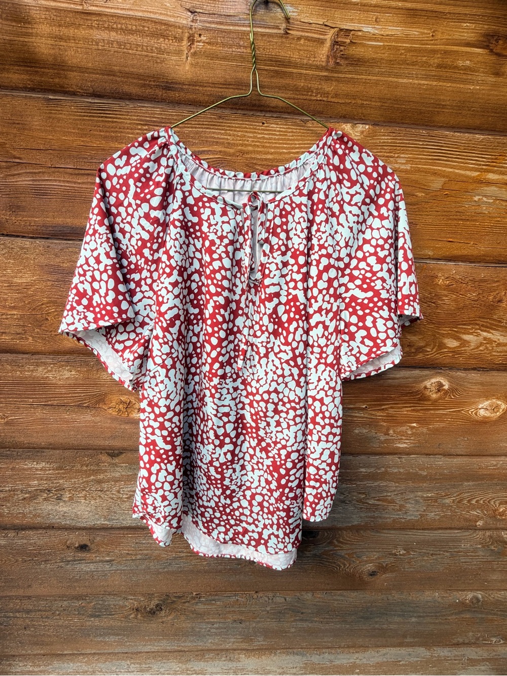 SHEIN Red and White Abstract Dot Peasant Top